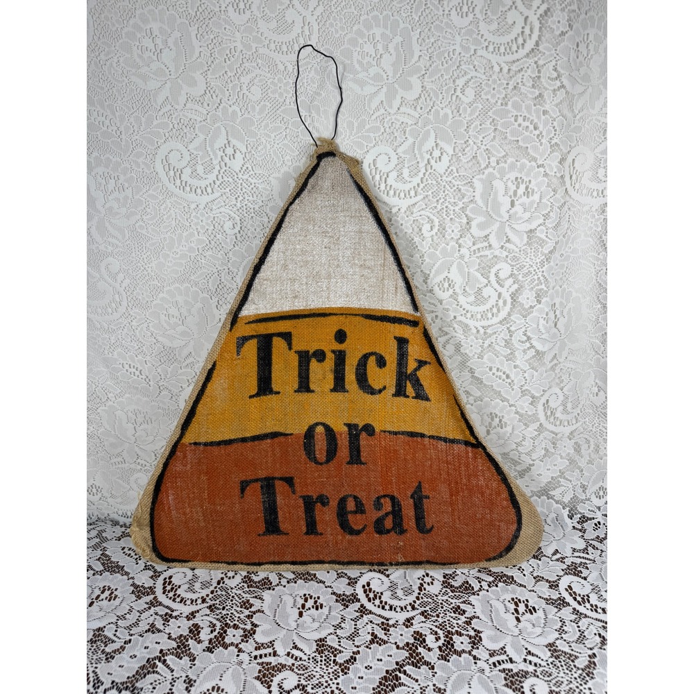 Primitive Burlap Candy Corn Trick or Treat Halloween Wall Hanging Decor Rustic